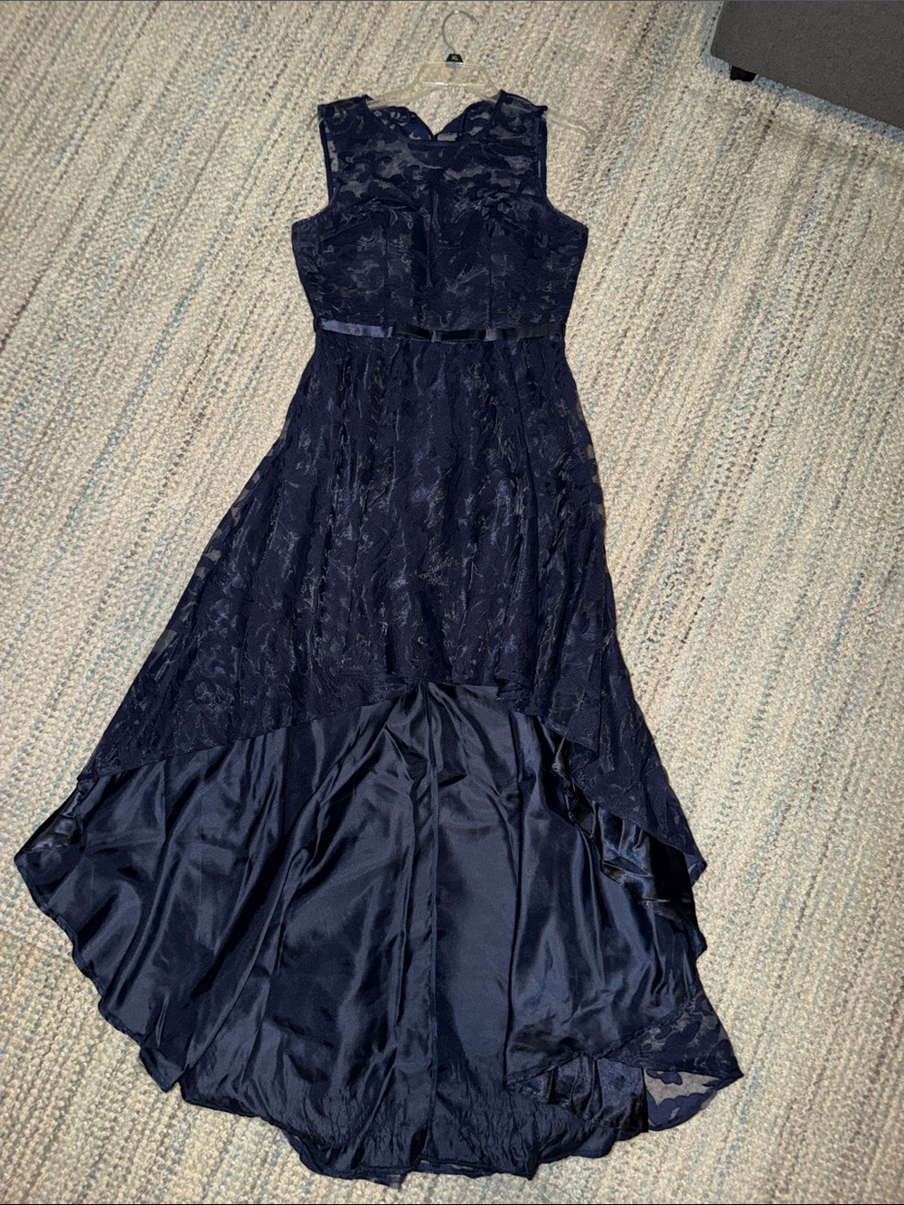 Sleeveless Navy High-Low Lace Evening Dress